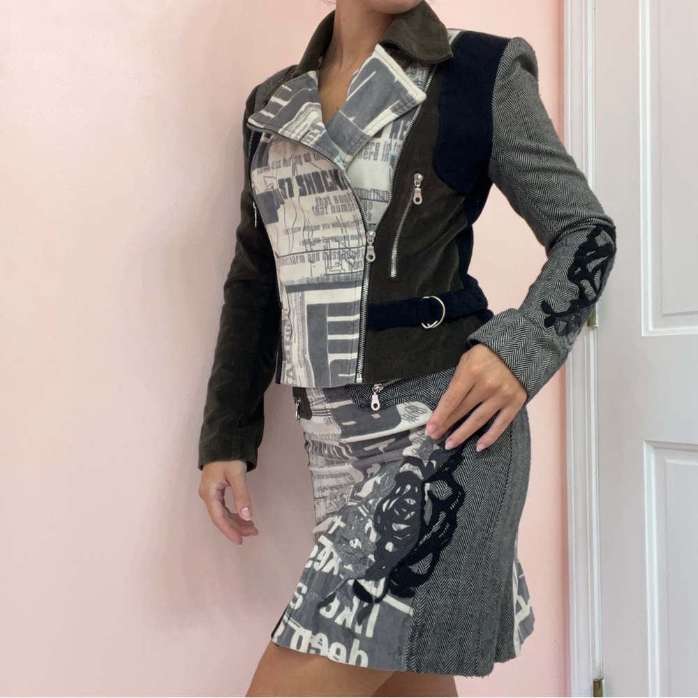 Velvet blazer jacket skirt suit newspaper print black grey cream color